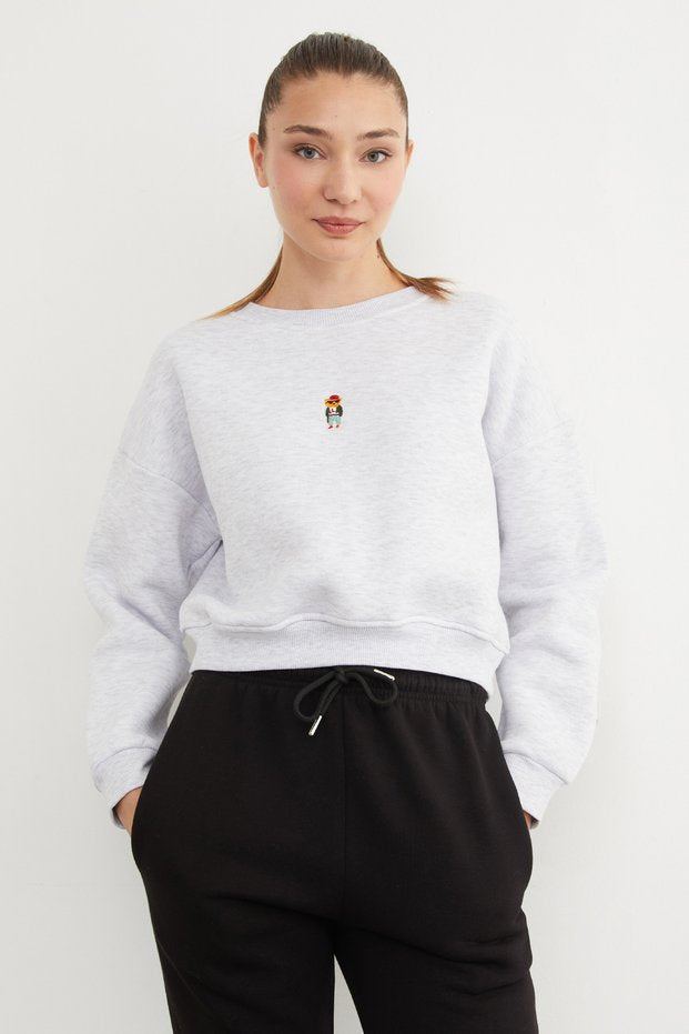 3-Thread Teddy Bear Embroidered Crew Neck Sweatshirt Style 2 - Grey Melange