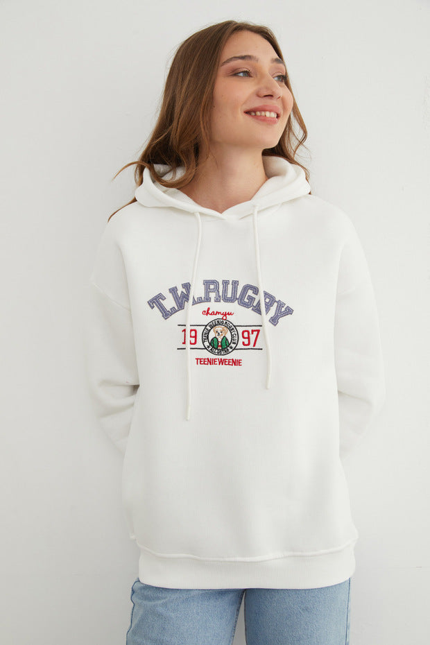 3-Thread Rugby Embroidered Hooded Sweatshirt - Ecru