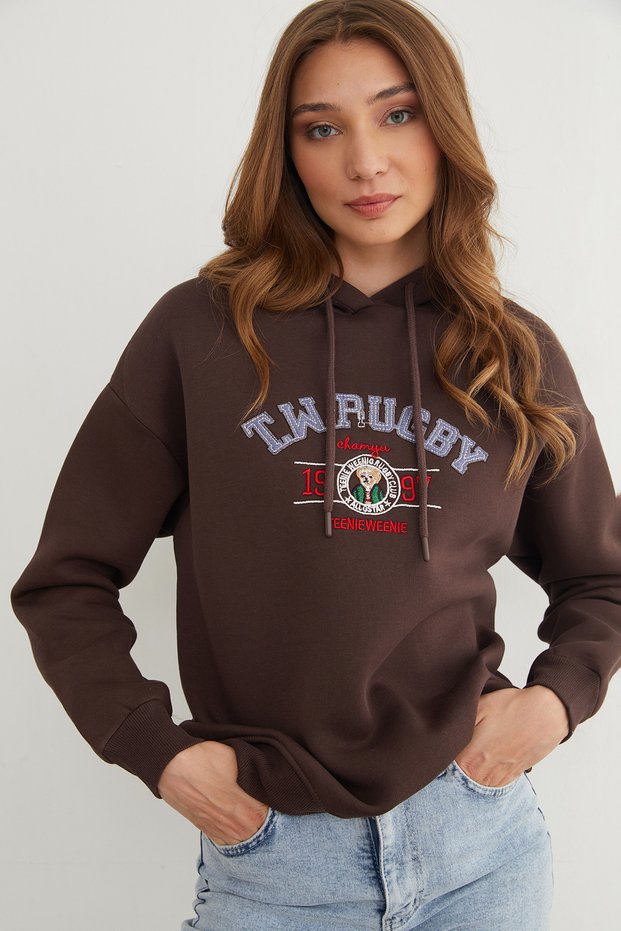 3-Thread Rugby Embroidered Hooded Sweatshirt - Brown