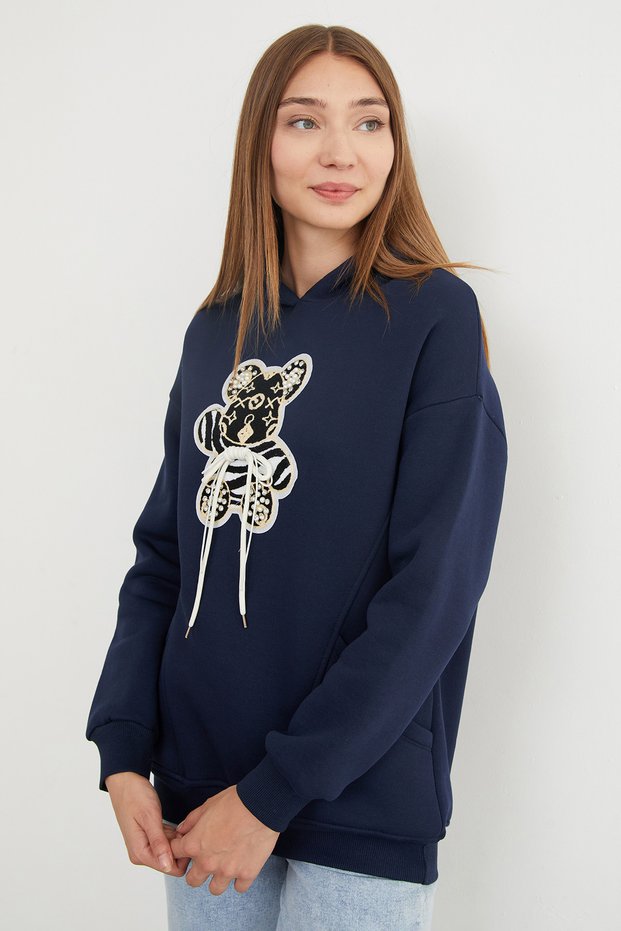 3-Thread Teddy Bear Embroidered Pocket Hooded Oversize Sweatshirt - Navy Blue