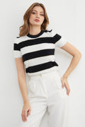 Striped Bearded Short-Sleeve Knit Sweater - Black