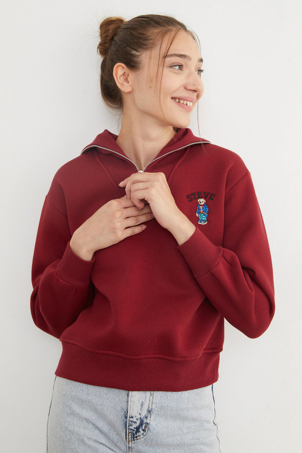 3-Thread Teddy Bear Embroidered Half-Zip Sweatshirt - Burgundy
