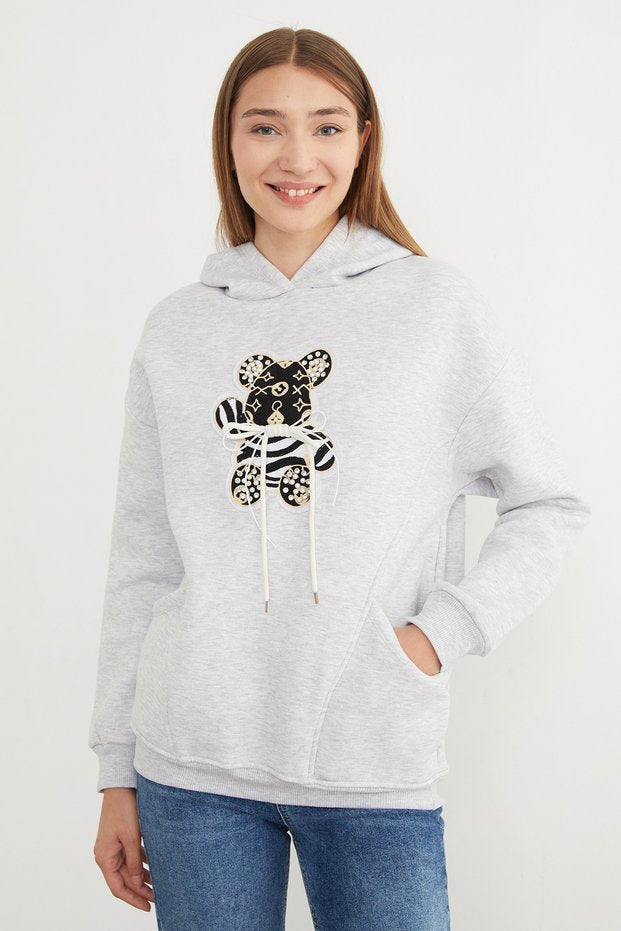 3-Thread Teddy Bear Embroidered Pocket Hooded Oversize Sweatshirt - Grey Melange
