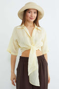 Striped Jacquard Tie Crop Shirt - Yellow