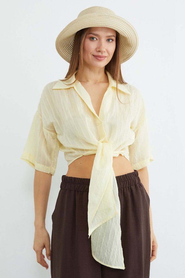 Striped Jacquard Tie Crop Shirt - Yellow