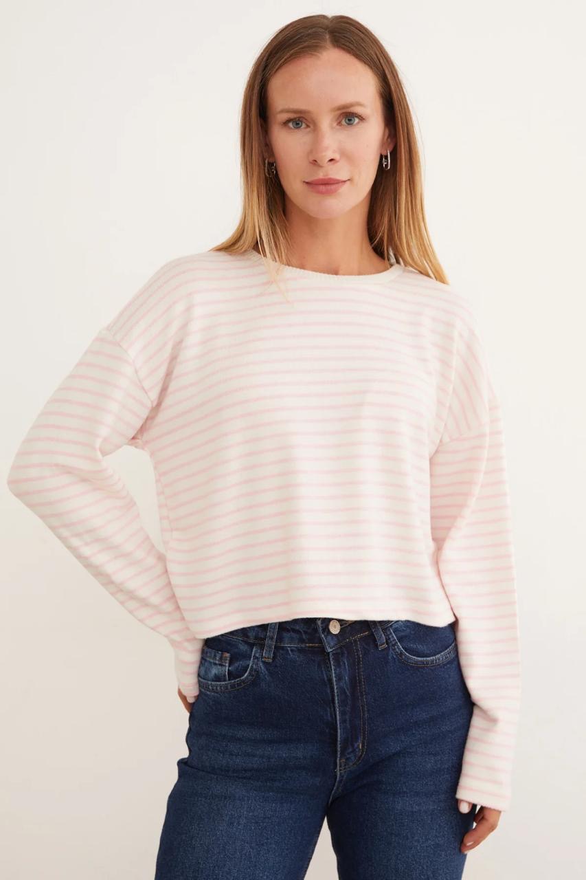 Cream cropped long-sleeve top with pale pink horizontal stripes