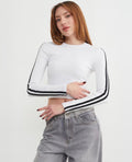 White long-sleeve crop top with black double sleeve stripes