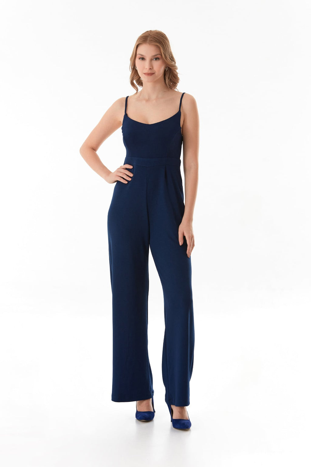 Navy strappy jumpsuit, second view | جمبسوت كحلي – Fullamoda Jordan