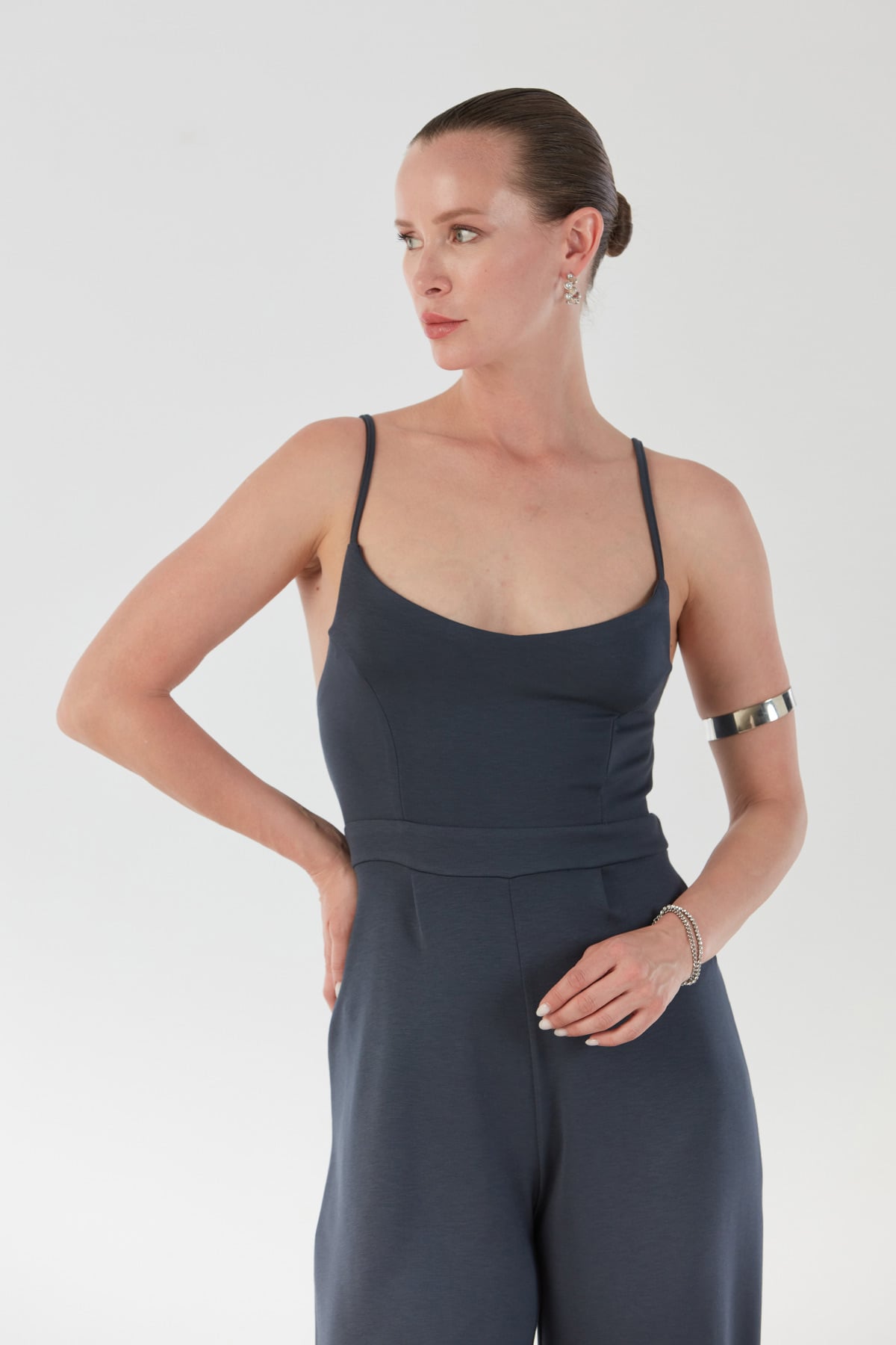 Anthracite strappy jumpsuit, second view | جمبسوت فحمي – Fullamoda Jordan