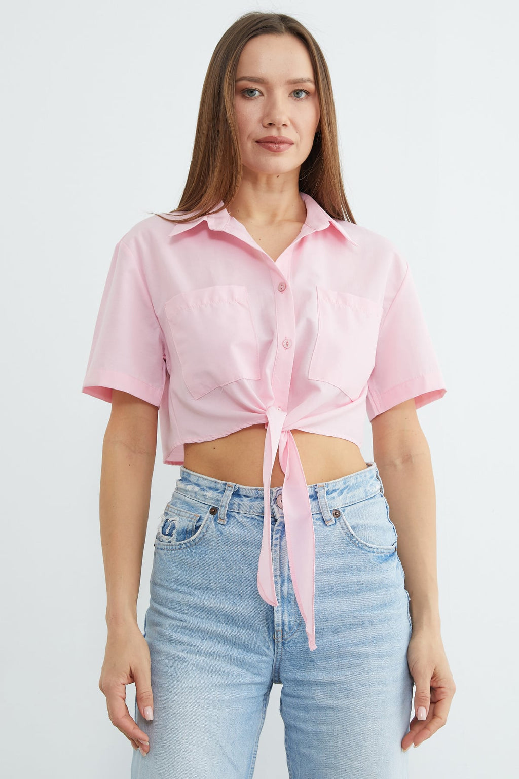 Pink tie-front shirt, second view | قميص بربطة وردي – Fullamoda Jordan