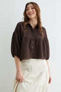 Brown | Balloon sleeve muslin shirt | قميص موسلين أكمام بالون بني – Fullamoda Jordan