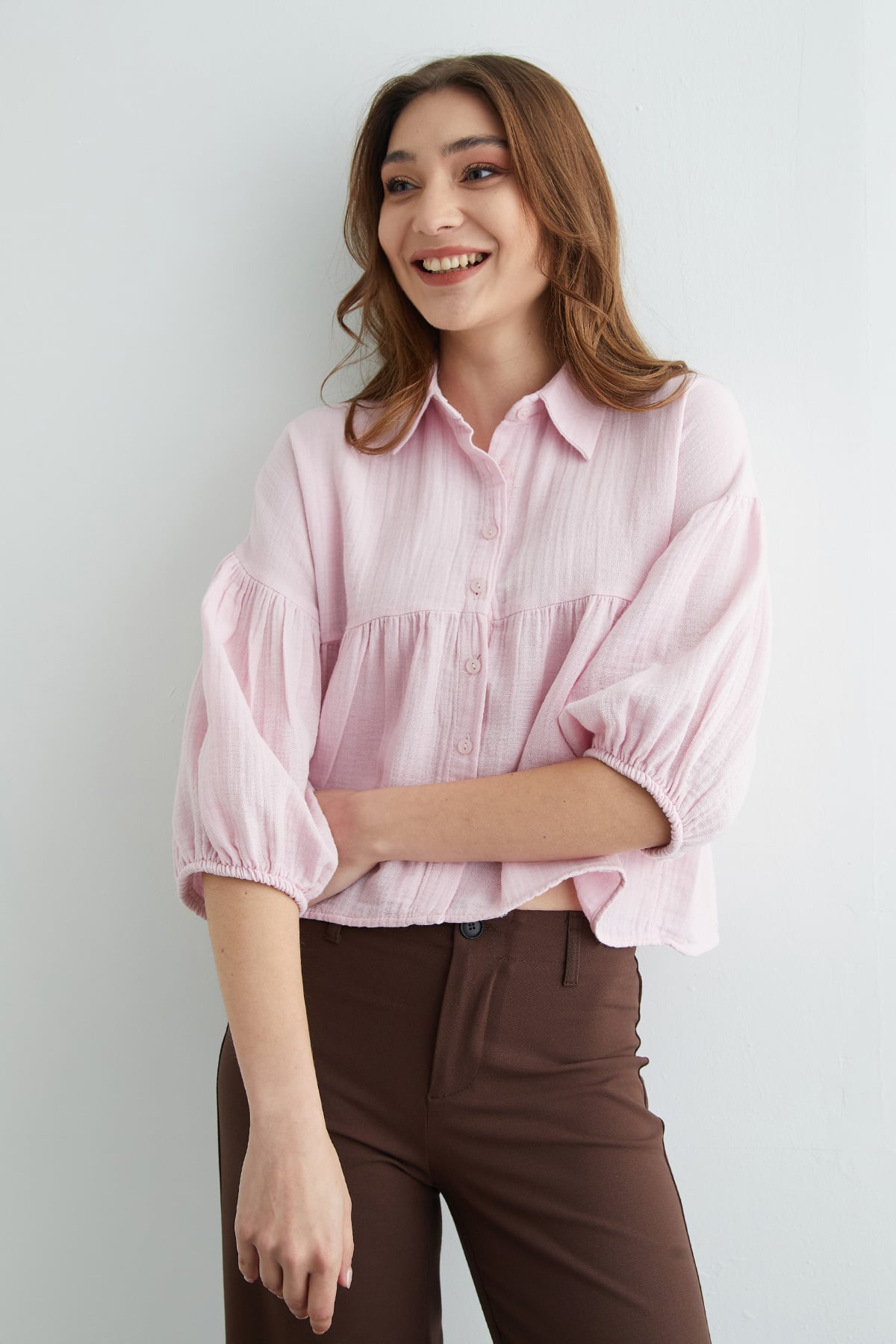 Pink | Balloon sleeve muslin shirt | قميص موسلين أكمام بالون وردي – Fullamoda Jordan