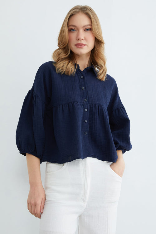 Navy | Balloon sleeve muslin shirt | قميص موسلين أكمام بالون كحلي – Fullamoda Jordan
