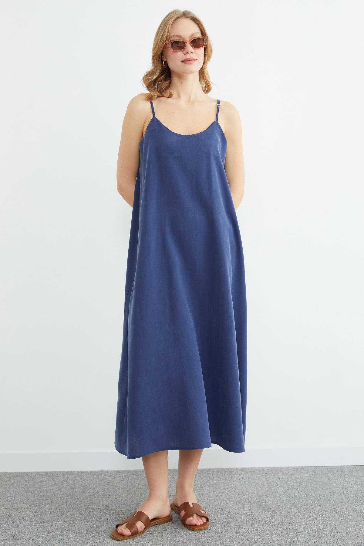 Navy maxi slip dress, second view | فستان بحمالات كحلي – Fullamoda Jordan