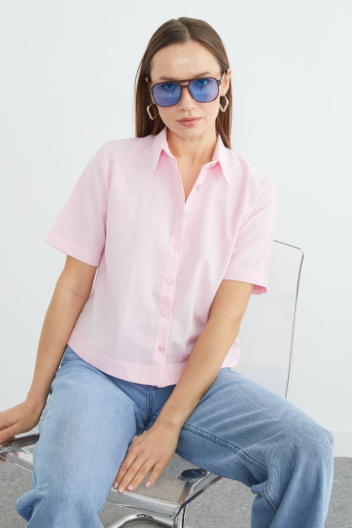 Pink | Short-sleeve button-up crop shirt | قميص بأكمام قصيرة وردي – Fullamoda Jordan