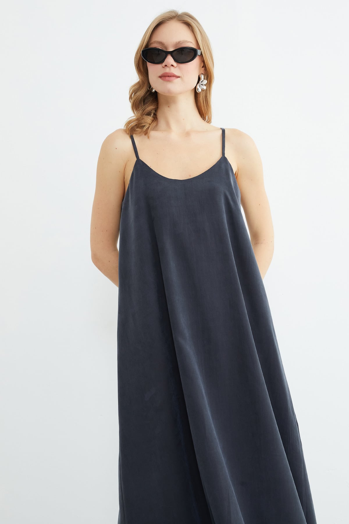 Smoke maxi slip dress, second view | فستان بحمالات رمادي – Fullamoda Jordan