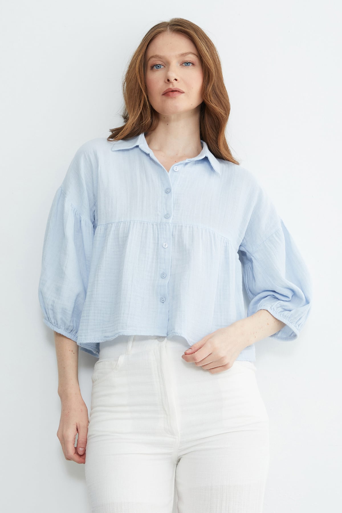 Light Blue | Balloon sleeve muslin shirt | قميص موسلين أكمام بالون أزرق فاتح – Fullamoda Jordan