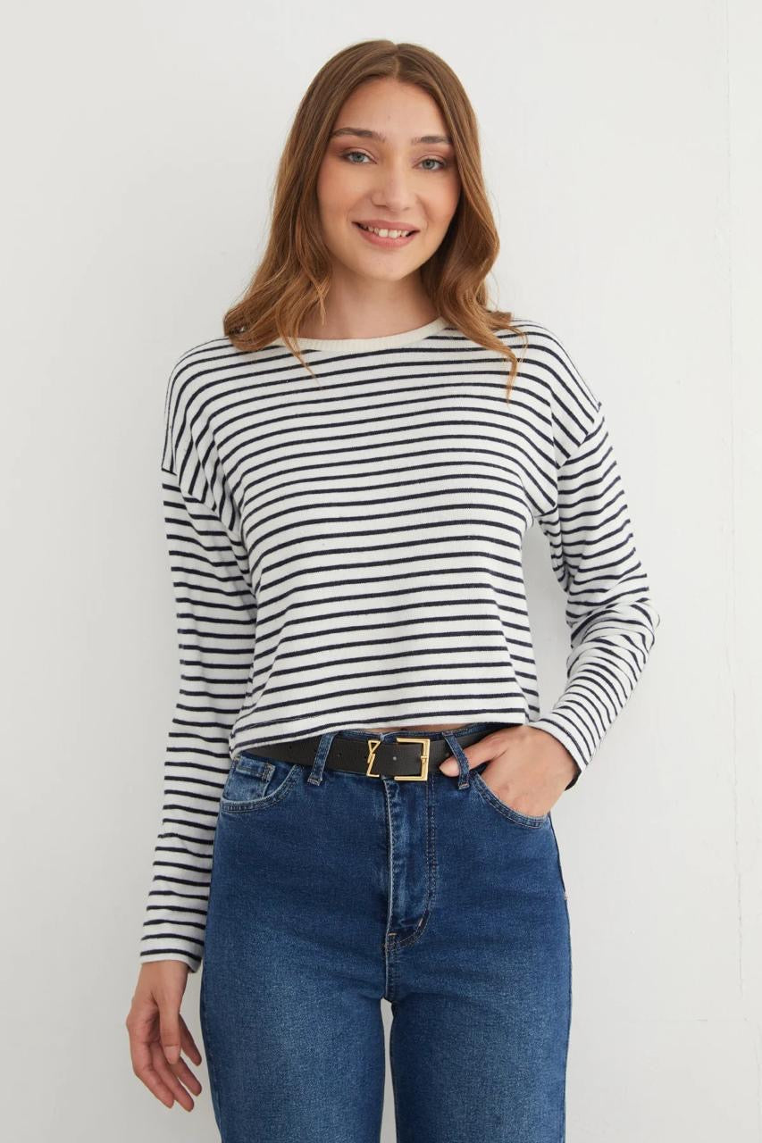 White cropped long-sleeve top with black horizontal stripes