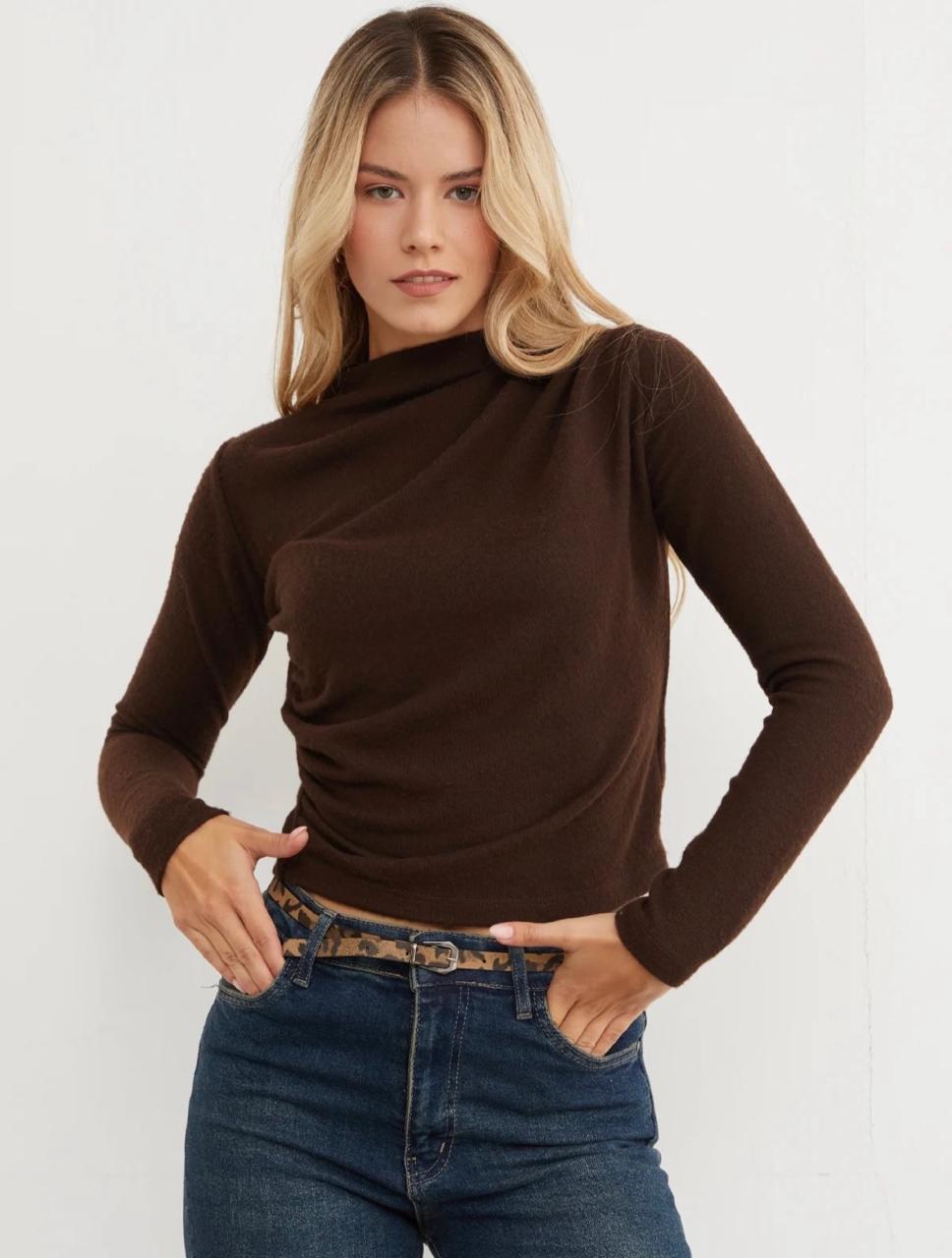Chocolate brown ruched mock-neck long-sleeve top