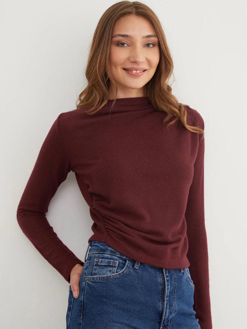 Burgundy ruched mock-neck long-sleeve top