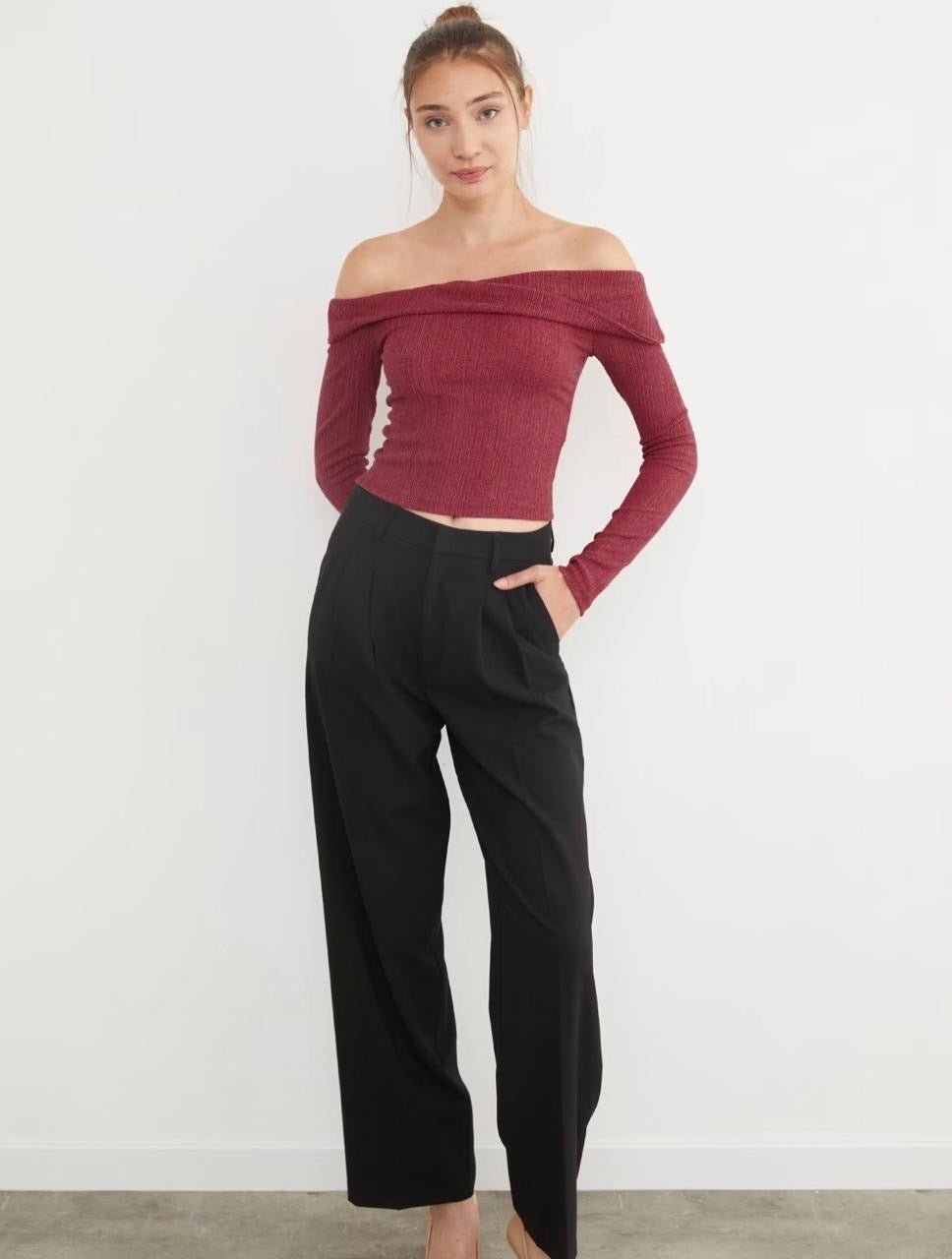 Burgundy ribbed off-shoulder long-sleeve crop top