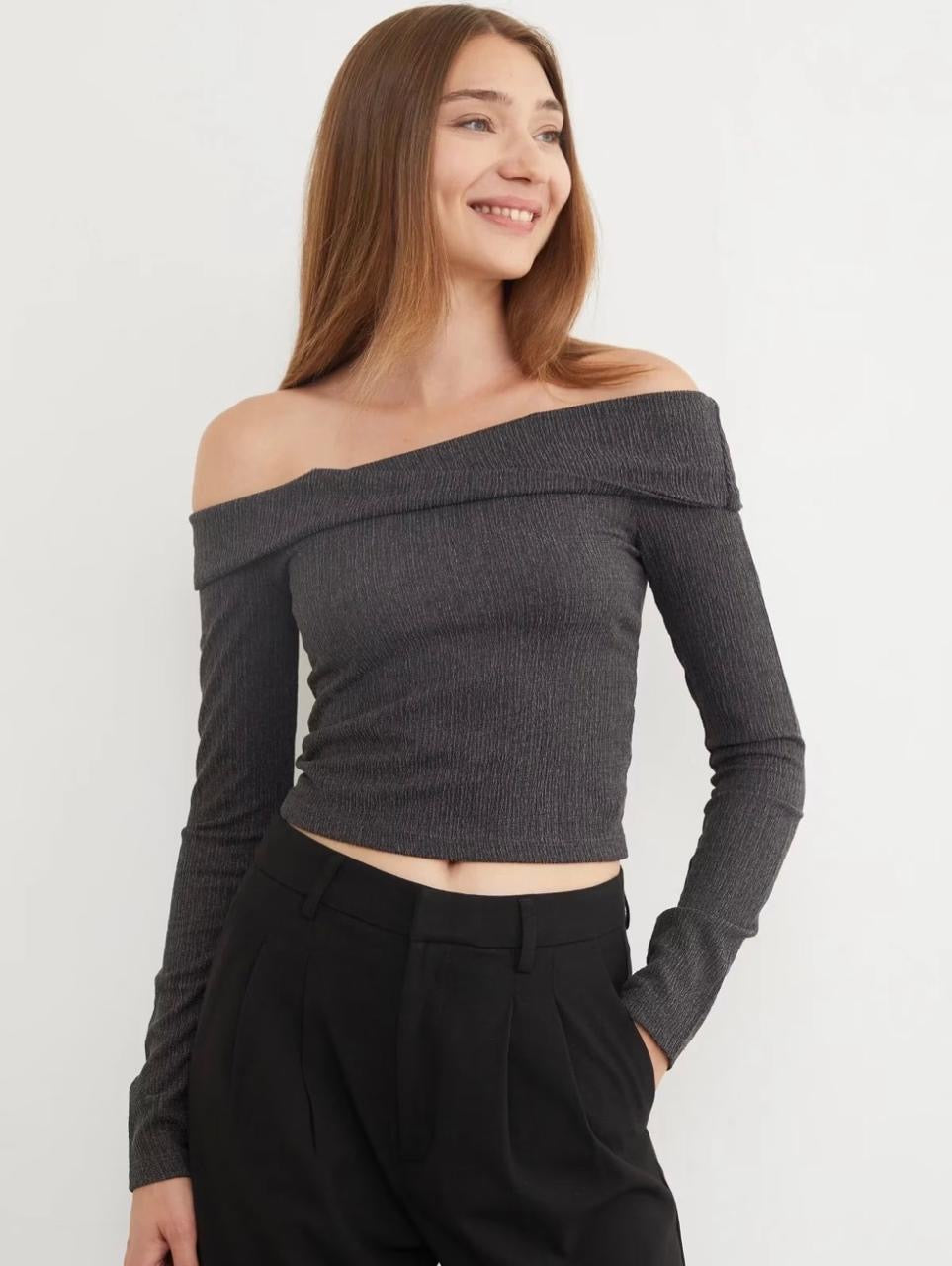 Charcoal grey ribbed off-shoulder long-sleeve crop top